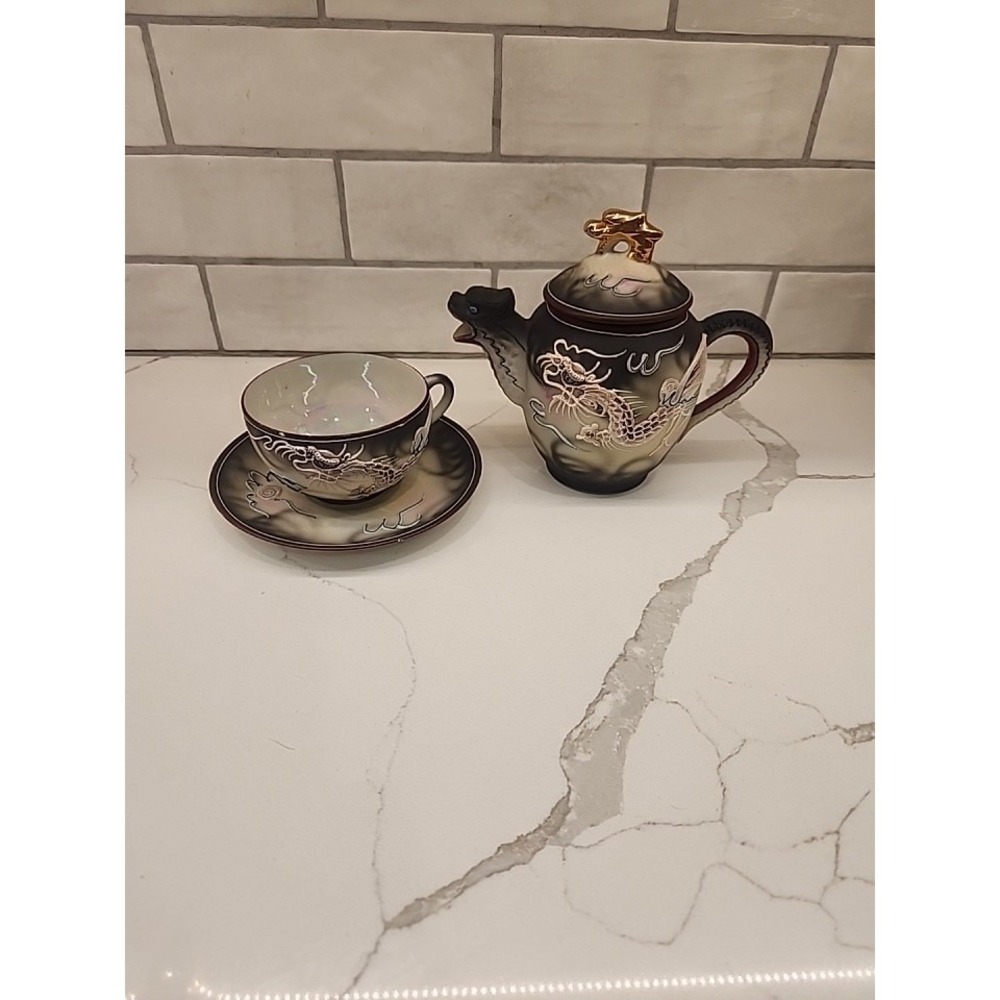 Vintage Japan Moriage Dragonware Teapot With Teacup And Saucer Lot 3 Pieces